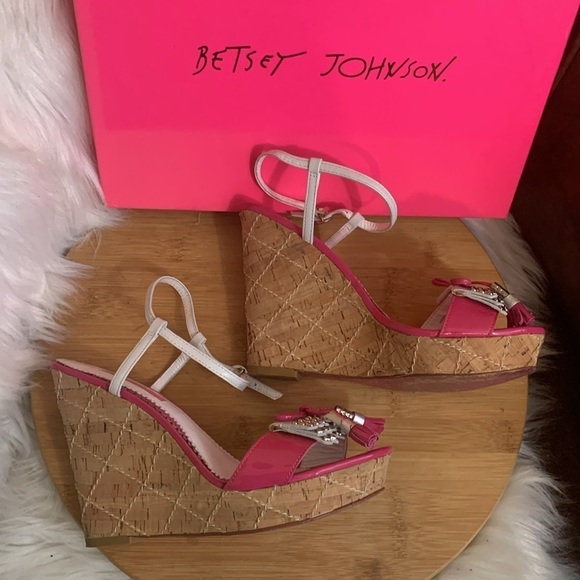 Betsey Johnson NIB Leather Honest Fuchsia Cork Wedge Platform Espadrille Heels 7 - Picture 17 of 17